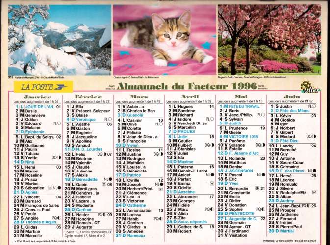 Calendrier 1996 La Poste Almanach du Facteur Oller - 319 vallée de Manigod, chaton, Regent