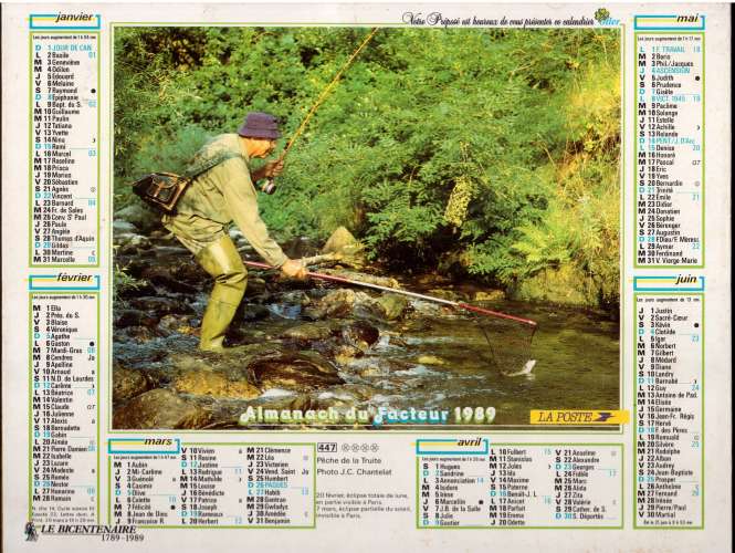 Calendrier 1989 La Poste Almanach du Facteur Oller 447 la pêche à la tuite, chasse tétras-lyre