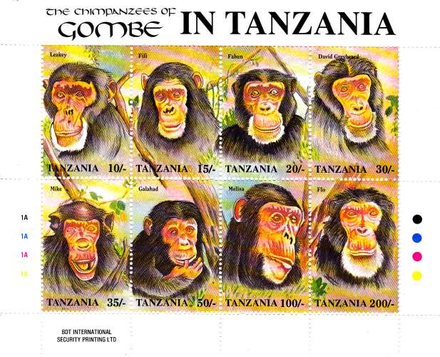 Tanzanie 1029 / 36 ( feuille complète ) Chimpanzés de Gombé