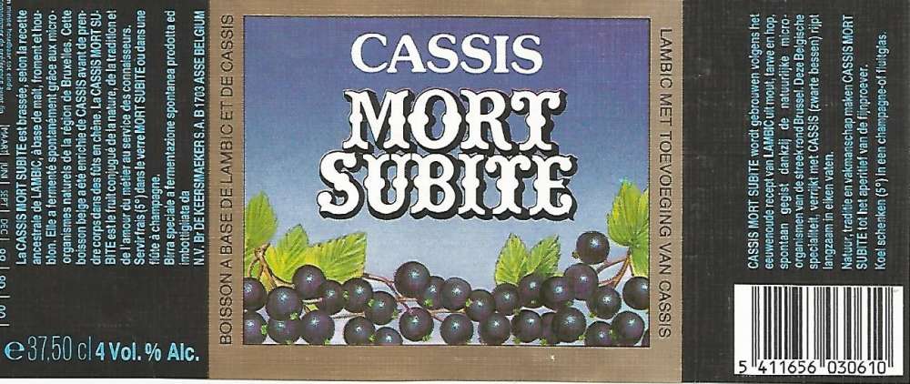 Belgique - Bière MORT SUBITE Cassis - 37.5 cl - Br De Keersmaeker - Etiquette Neuve