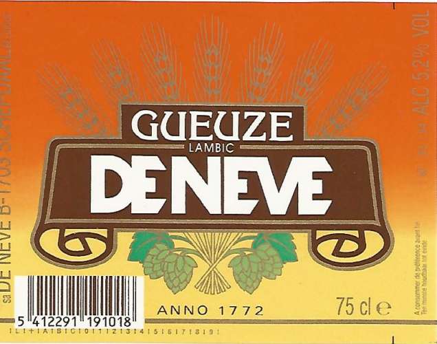Belgique  - Bière DE NEVE Gueuze - 37.5 cl - Br De Neve - Etiquette Neuve