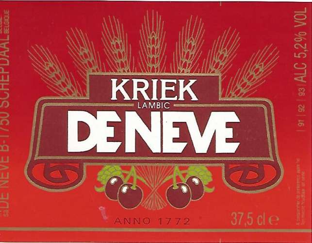 Belgique  - Bière DE NEVE Kriek - 37.5 cl - Br De Neve - Etiquette Neuve 