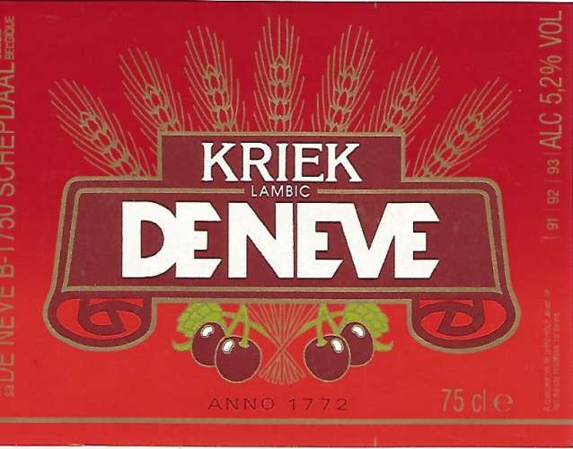 Belgique  - Bière DE NEVE Kriek - 75 cl - Br De Neve - Etiquette Neuve 