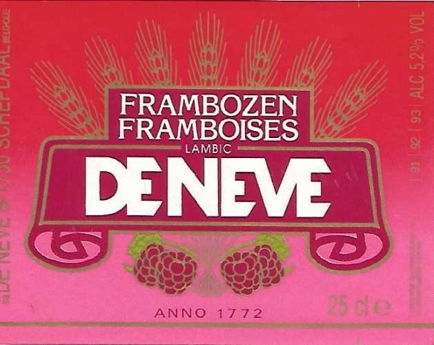 Belgique  - Bière DE NEVE Framboise - 25 cl - Br De Neve - Etiquette Neuve 