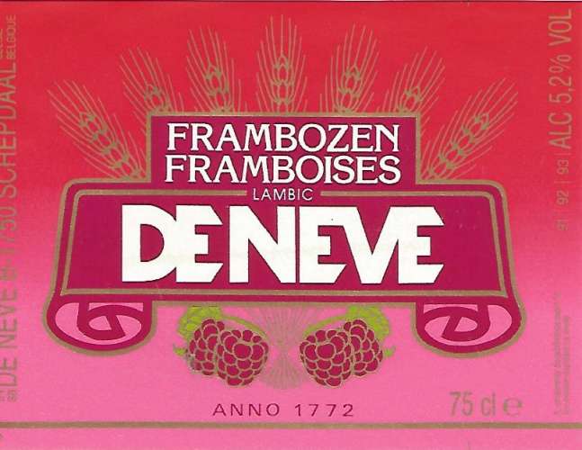 Belgique  - Bière DE NEVE Framboise - 75 cl - Br De Neve - Etiquette Neuve 