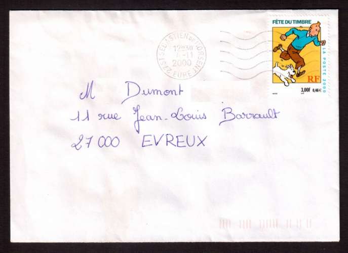 France 2000 Y&T 3303  (o) fête du timbre Tintin 3 F ( 0,46€ ) sur lettre  