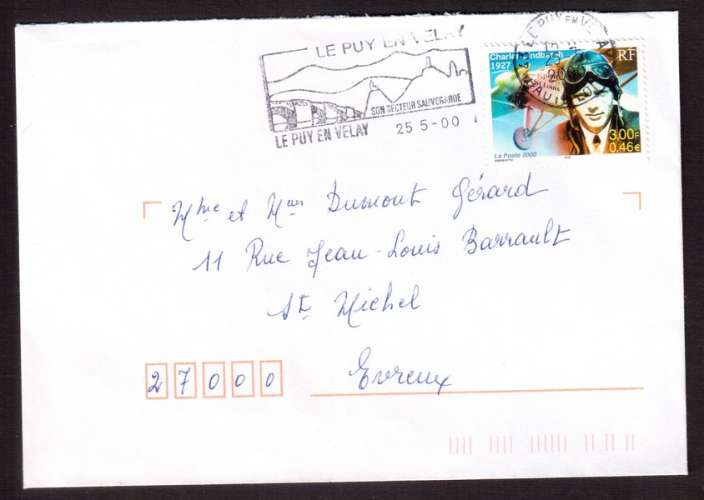 France 2000 Y&T 3316 (o) Lindbergh  bloc le siècle au fil du timbre lettre flamme Le Puy en Velay