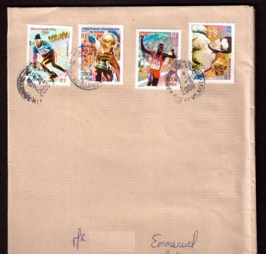 France 2000 Y&T 3312 à 3315 (o) 4 timbres du  bloc le siècle au fil du timbre sur grande enveloppe
