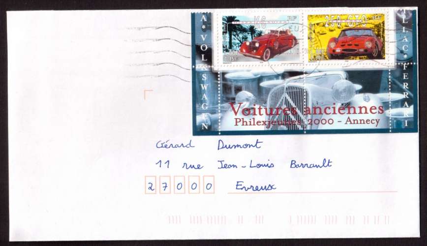 France 2000 Y&T 3321 - 3326 (o) Hispano Suiza  et Ferrari 250 GTD du bloc 30 collection Jeunesse...