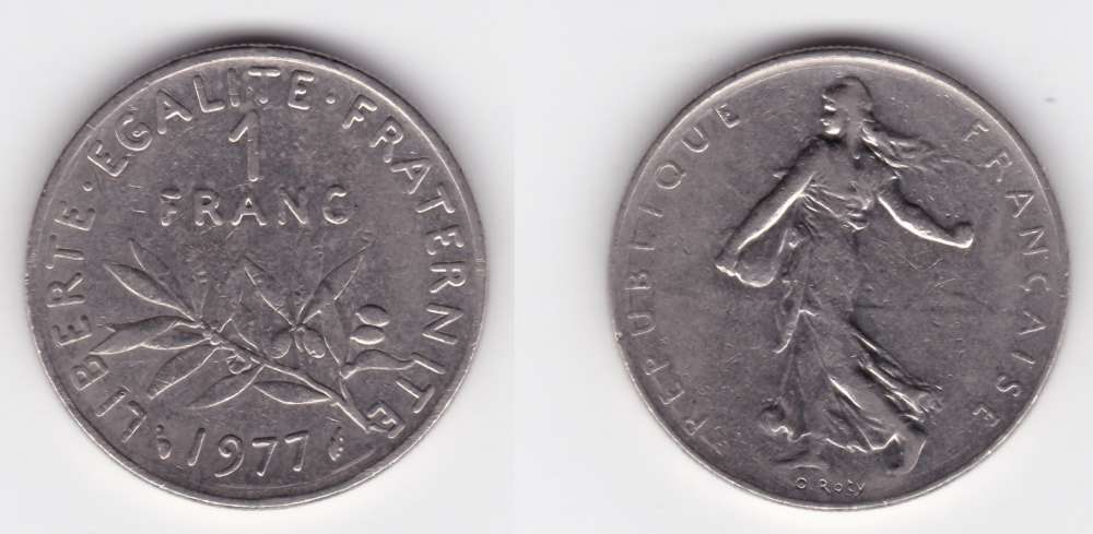 FRANCE 1 franc Semeuse nickel - tranche striée année 1977 (dauphin)