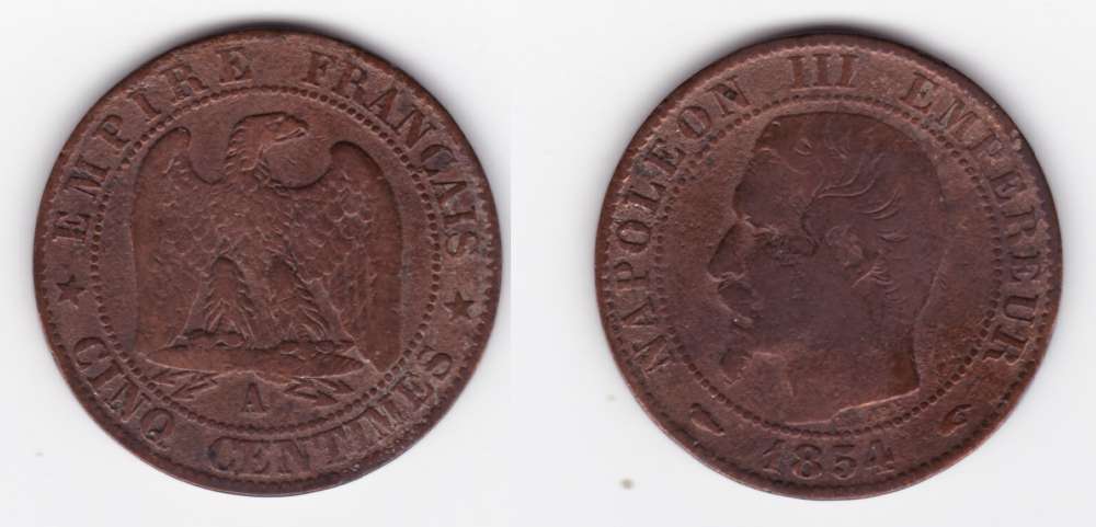 France  5 centimes Napoléon III tête nue année 1854 A