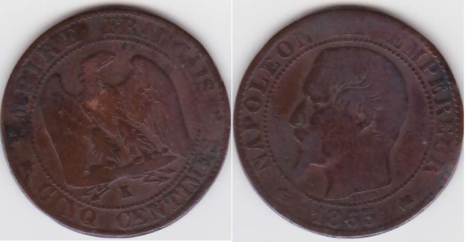 FRANCE 5 centimes Napoléon III tête nue année 1855 K (ancre)
