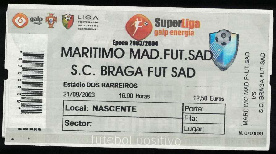 Portugal Ticket Billet Football Club Sport Marítimo vs Sporting Braga