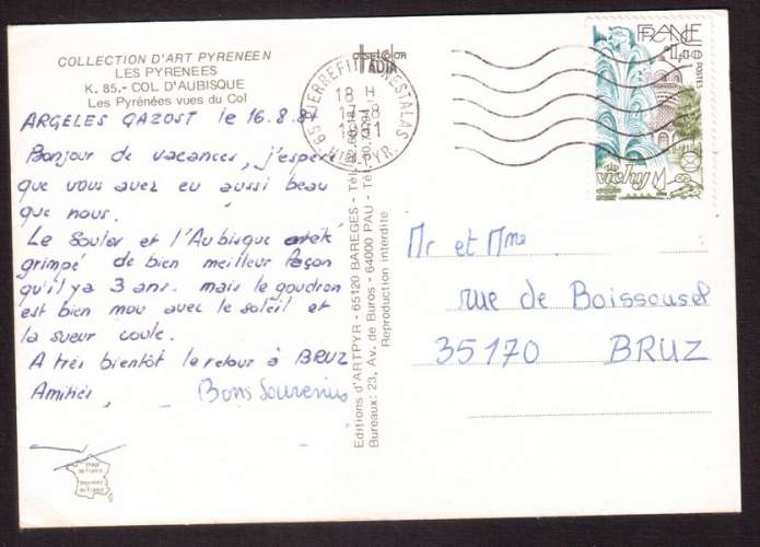 France 1981 Y&T 2144 (o) 54e congrès fédération des sociétés phil Vichy  seul sur CP col d'Aubisque