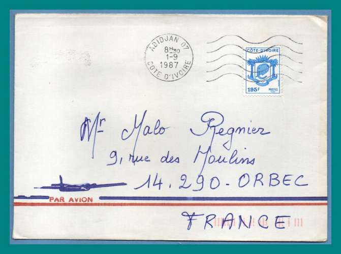 Lettre Côte d' Ivoire 1987 TP 195F Eléphant > France Orbec