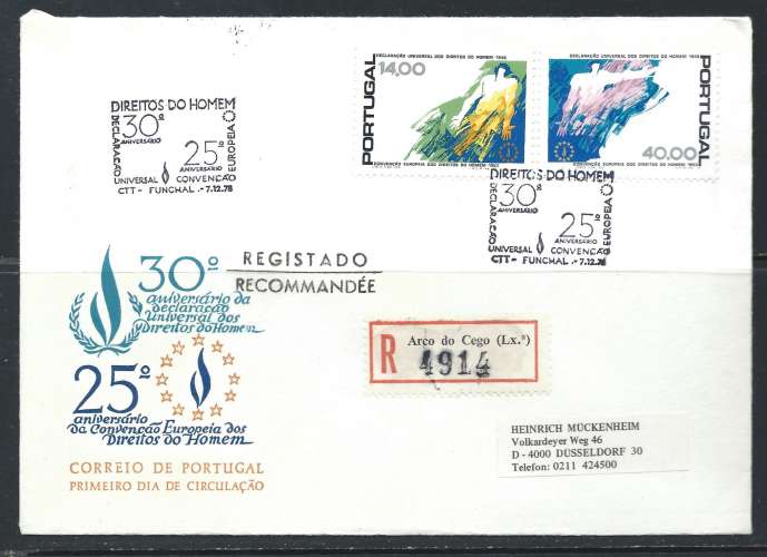 Portugal - FDC 07/12/1978 des N°1401/02 - Droits de l'homme - Recommandé ayant voyagé