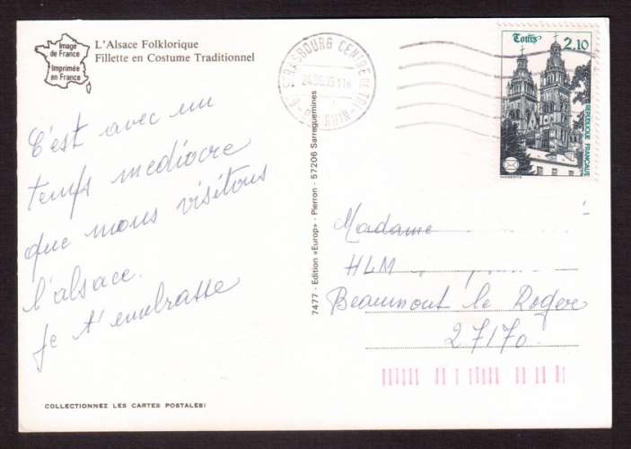 France 1985 Y&T 2370 (o) 58e congrès Tours 2,10 sur CP Alsace folklorique