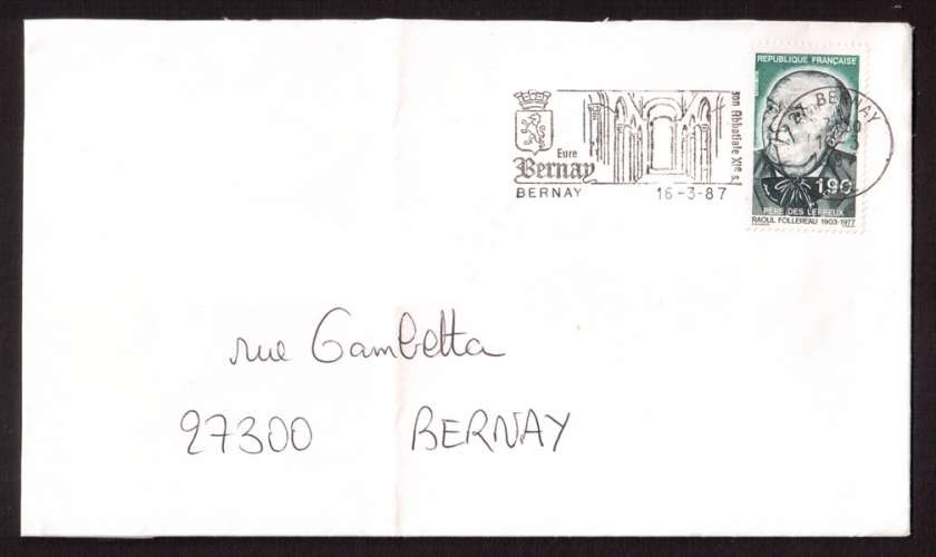 France 1987 Y&T 2453 (o) Raoul Follereau 1,90  sur lettre Bernay avec flamme