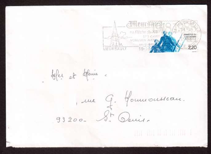 France 1988 Y&T 2549 (o) 70e anniversaire de l'Armistice 2,20  sur lettre Meursault avec flamme