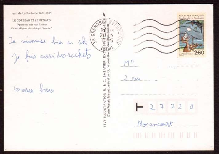 France 1995 entier postal Y&T 2961-CP1 (o) le corbeau et le renard 2,80  sur CP La Poste 