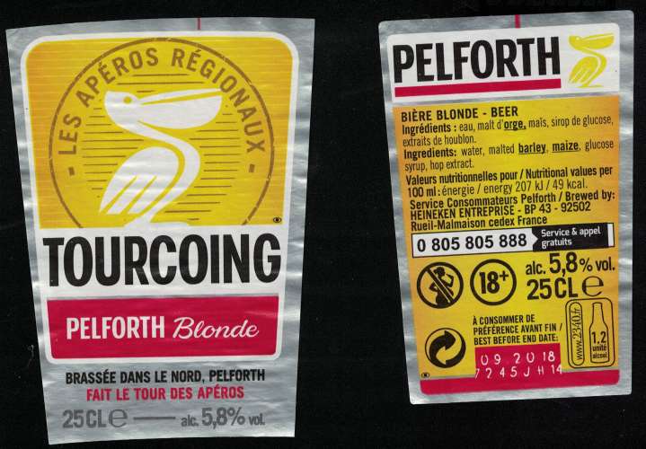 France Lot 2 Étiquettes Bière Beer Labels Pelforth Blonde Tour des Apéros Tourcoing