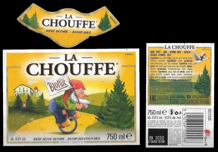 Etiquettes de bière - La Chouffe blonde - 750 ml - 8,0% alc - Etiquettes décollées