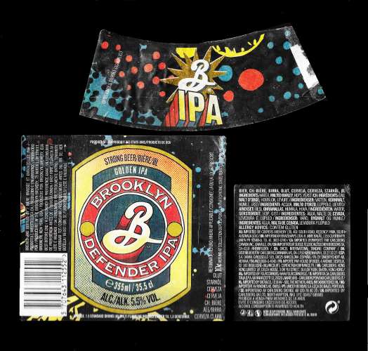 Etiquettes de bière - Brooklyn defender IPA  - 35,5cl - Alc 5,5% vol - Etiquettes décollées