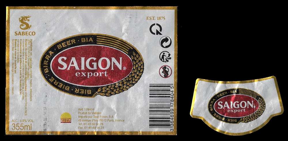 Etiquettes de bière - Saïgon - 35,5cl - Alc 4,9% vol - Etiquettes décollées