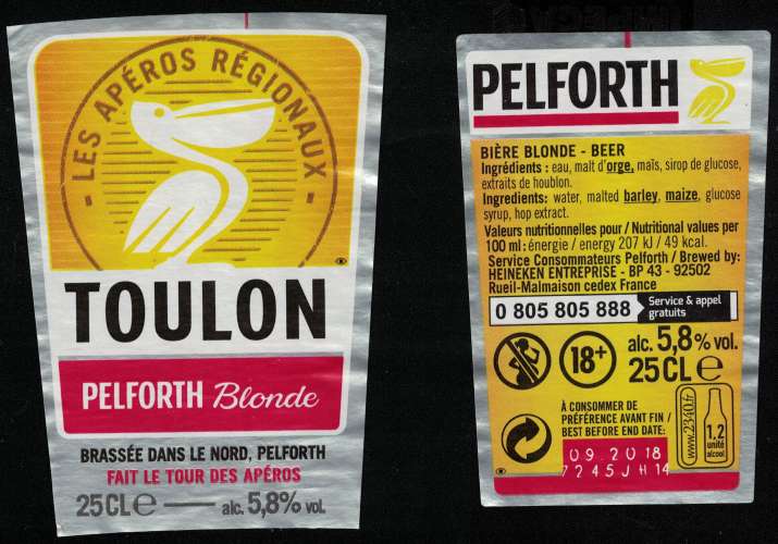 France Lot 2 Étiquettes Bière Beer Labels Pelforth Blonde Tour des Apéros Toulon