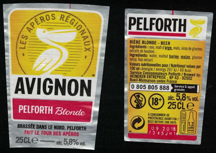 France Lot 2 Étiquettes Bière Beer Labels Pelforth Blonde Tour des Apéros Avignon