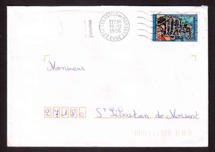 France 1996 Y&T 3036 (o) Cinquantenaire des départements d'Outre-Mer 3,00 seul sur lettre