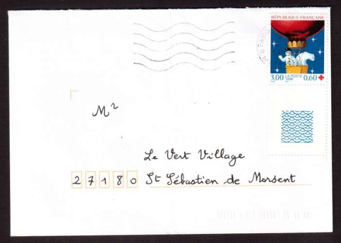 France 1996 Y&T 3039 (o) croix rouge fêtes  fin d'année 3,00 + 0,60 BDF guillochis seul sur lettre 