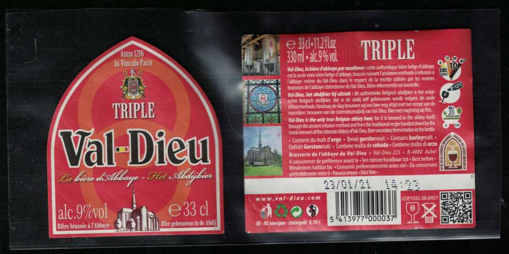 Belgique Lot 2 Étiquettes Bière Beer Labels Bière Val Dieu Triple