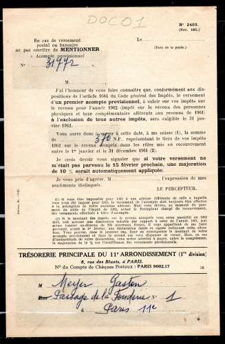 Tresorerie Principale Paris 11° / Formulaire N°2403 / 1* tiers 1962