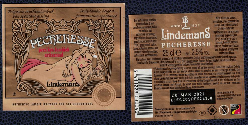 Belgique Lot 2 Étiquettes Bière Beer Labels Pêcheresse Lambic fruit Lindemans