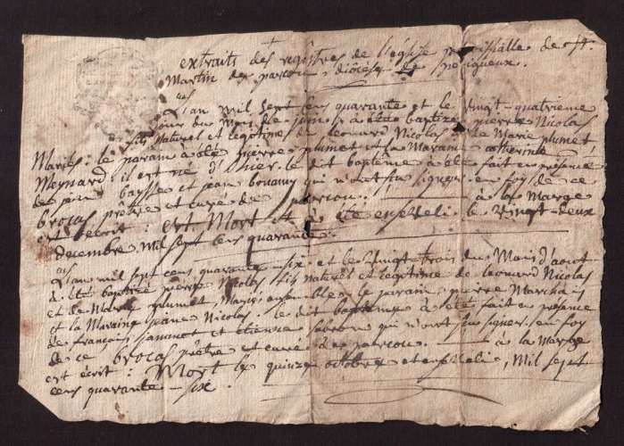 France 2 mai 1779  extraits de baptêmes des registres de l'église de St Martin de Parcoul