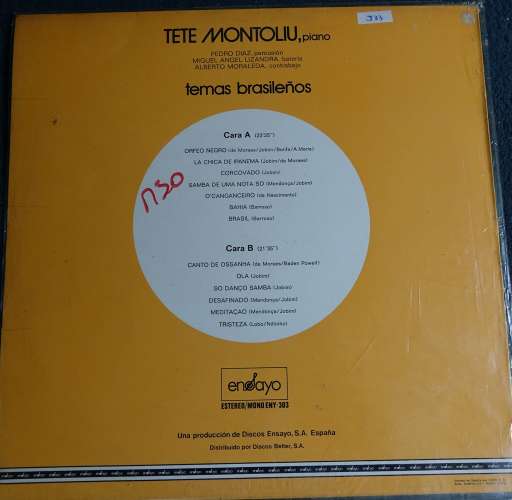 Espagne  1974 vinyle LP Album Tete Montoliu, piano Temas Brasilenos  Ensayo ENY 303