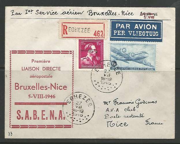 Belgique - 1946 - Premier Service Aérien entre Bruxelles et Nice - Tp n° 724R et PA 8 