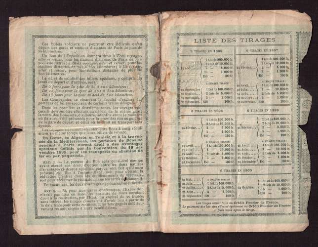 France 1900 Action obligation Bon de vingt Francs au Porteur numéroté Exposition Universelle de 1900