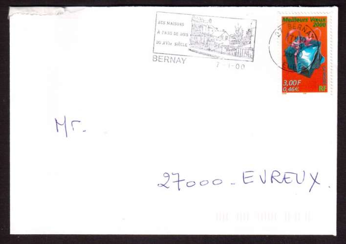 France 1999 Y&T 3290 (o) Meilleurs voeux 2000   3 F ( 0,46€  ) sur lettre avec flamme