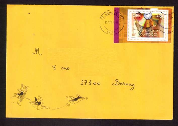 France 2001 Y&T 3376 (o) le disque compact du bloc 35 Communication 3 F ( 0,46€ ) sur lettre 