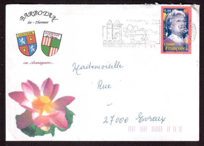 France 2001 Y&T 3391 (o) Claude François 3F ( 0,46€ ) sur lettre avec flamme Barbotan ( Gers )