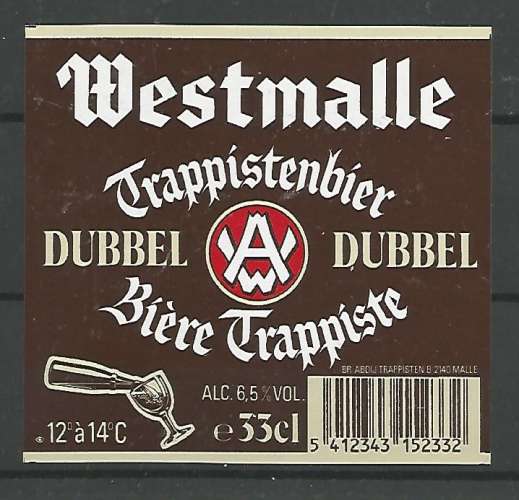Etiquette de Bière - Belgique - Westmalle Trappiste Double - 33 cl Cote Barre - Neuve
