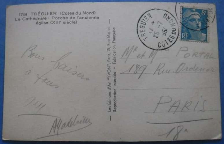 22-TREGUIER cathédrale , circulée en 1950 , 2 scans