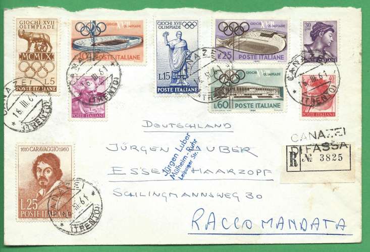 Italie - Lettre Recommandée 16/03/1961 Canazei (Trento)- J.O de Rome