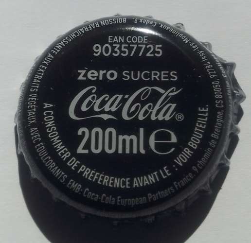 France Capsule Crown Cap Coca Cola zéro sucres 200 Ml EAN Code 90357725