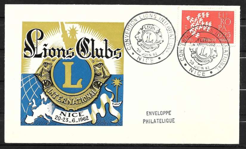 Année 1962 : Enveloppe 1er Jour LIONS CLUBS   NICE  20 - 23 _6_1962
