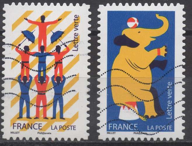 France  2017 - Y & T : A1478 et 1487 - Le cirque : éléphant, pyramide