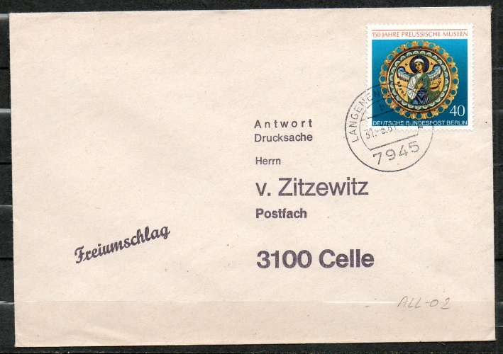 Allemagne lettre cachet LANGENENSLIGEM 1981 / Timbre BERLIN musée prussien