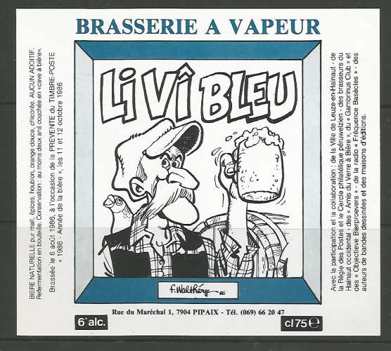 Etiquette de Bière - Belgique - Li Vi Bleu - 75 cl - Brie A Vapeur - Neuve